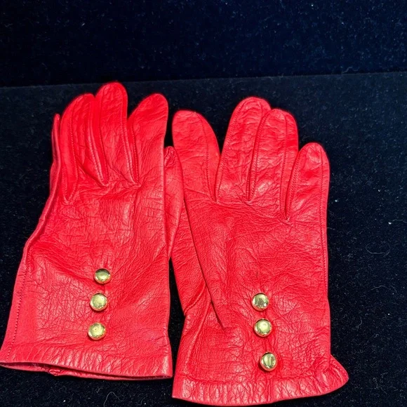 Kids Red Leather Gloves with Gold Button Detail - Picture 1 of 2